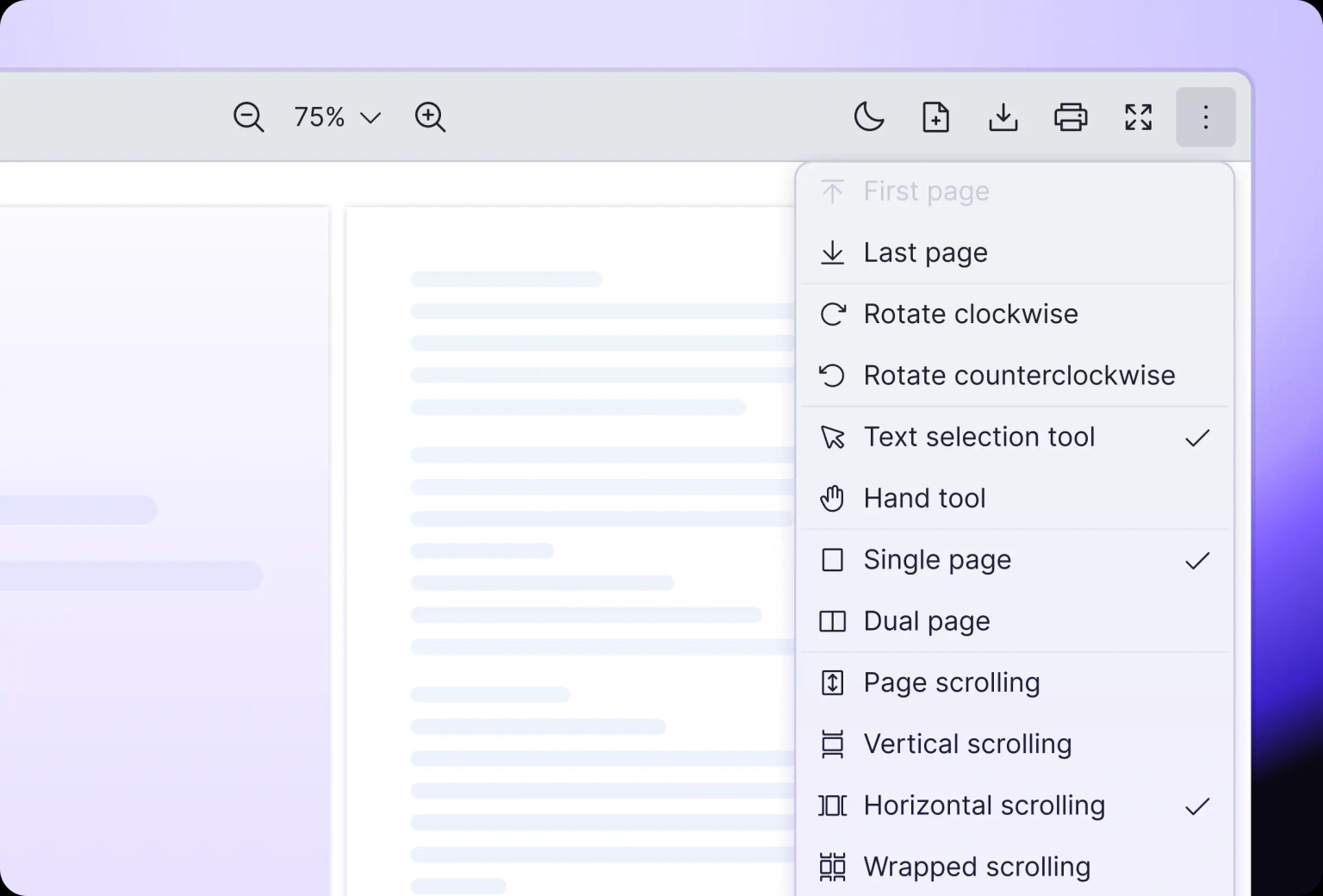 Vue PDF Viewer’s interactive tools such as rotate, text/hand mode, scrolling modes and more