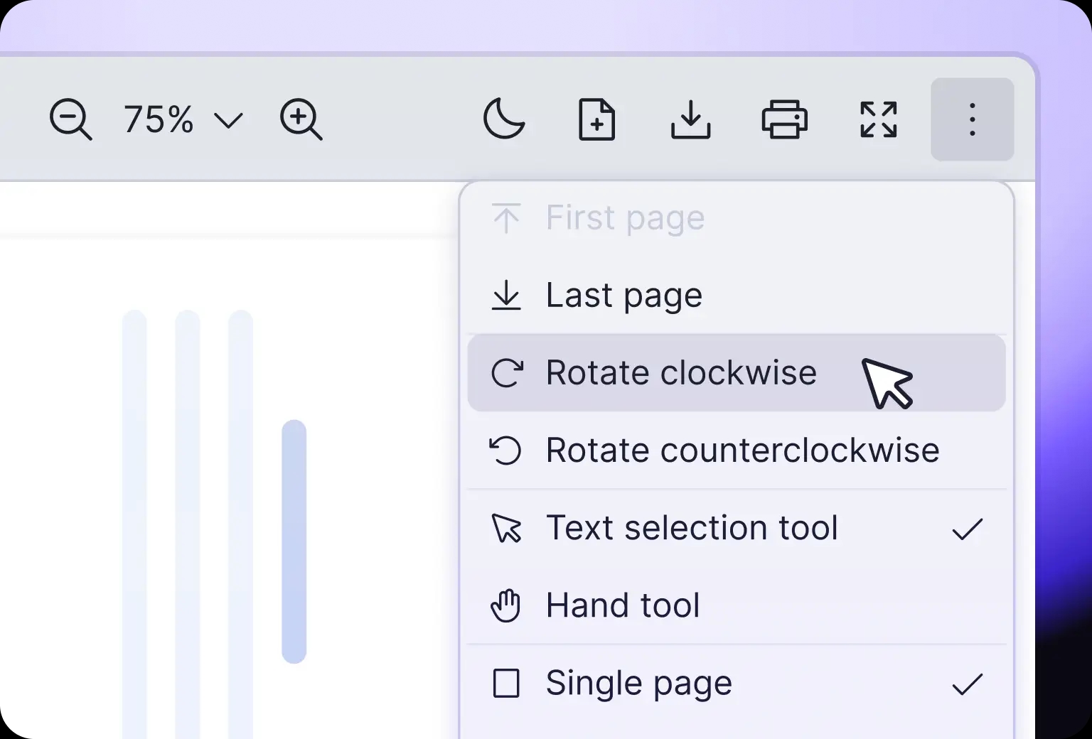 Users can rotate the PDF document clockwise or counterclockwise on the Vue PDF Viewer