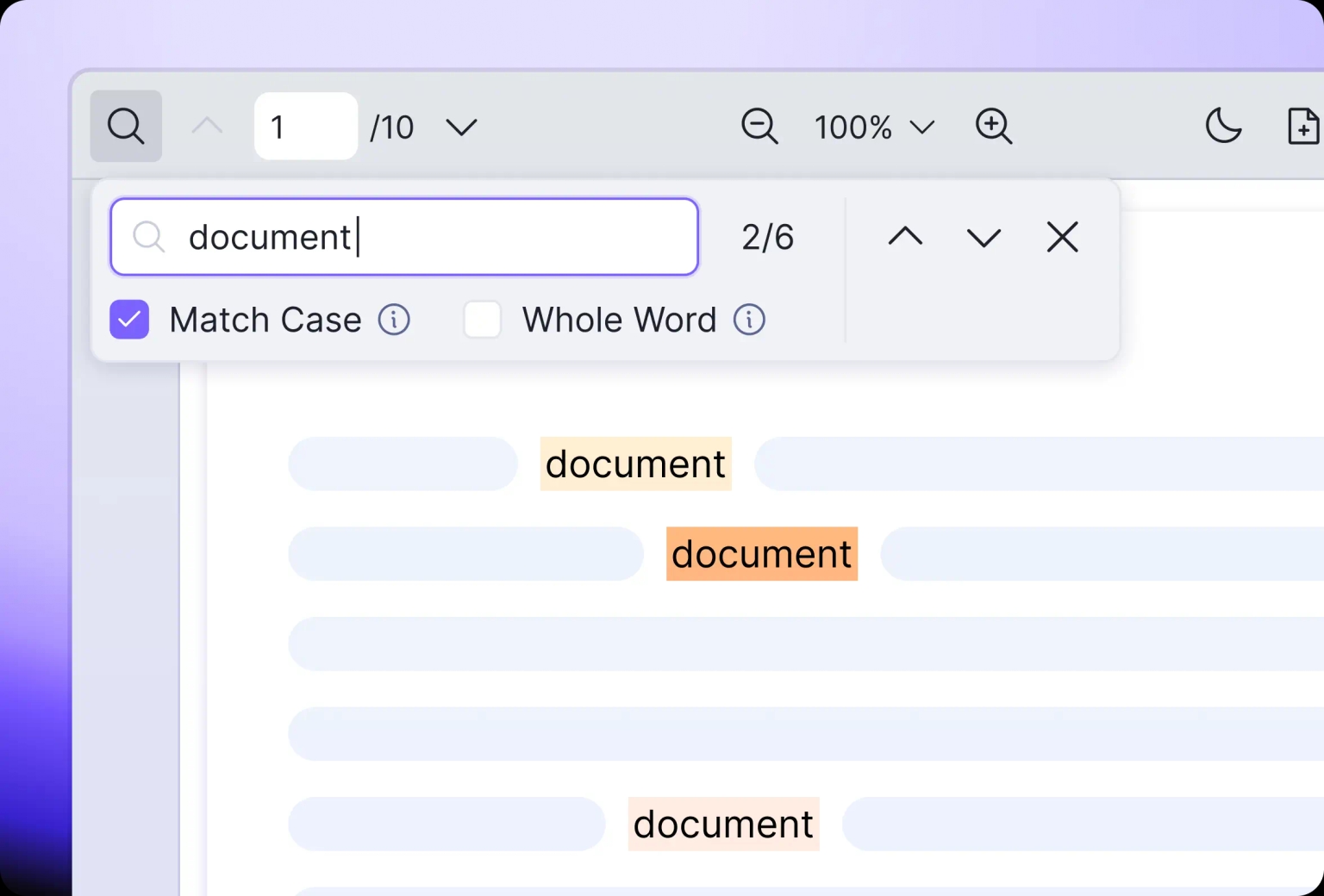 Users can search for keywords using options such as match case, whole word and more