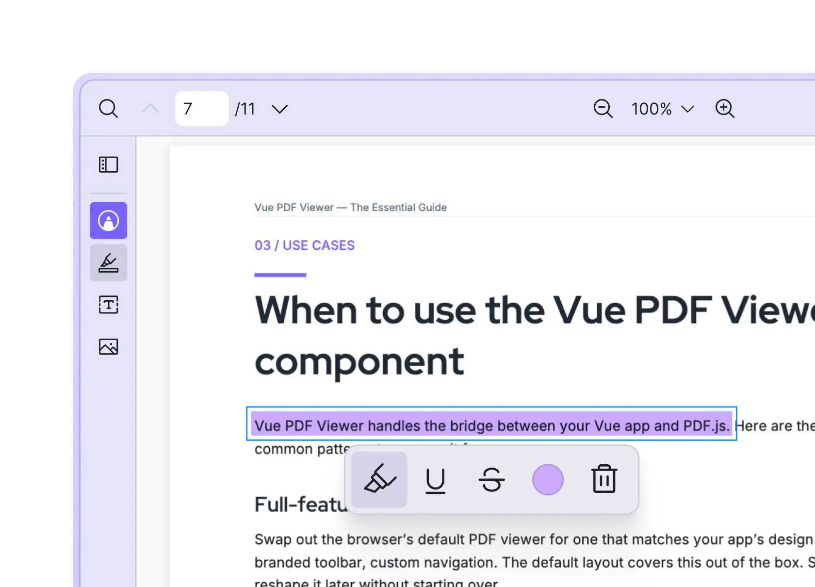 Vue PDF Viewer showing a highlighted PDF annotation and annotation toolbar