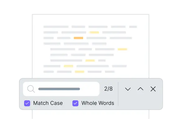 PDF search panel with match case and whole word options