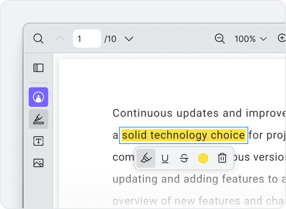 PDF text selection highlighted with annotation controls