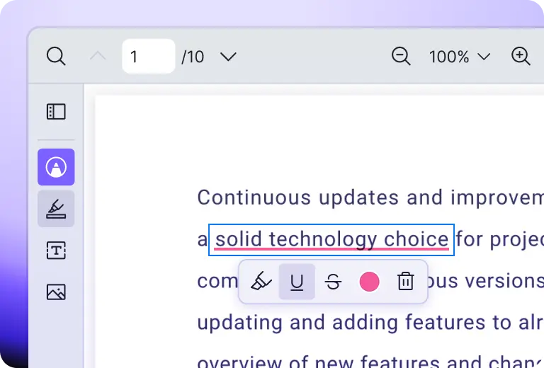 Vue PDF Viewer annotation tool underlining selected text in a PDF document within a Vue application