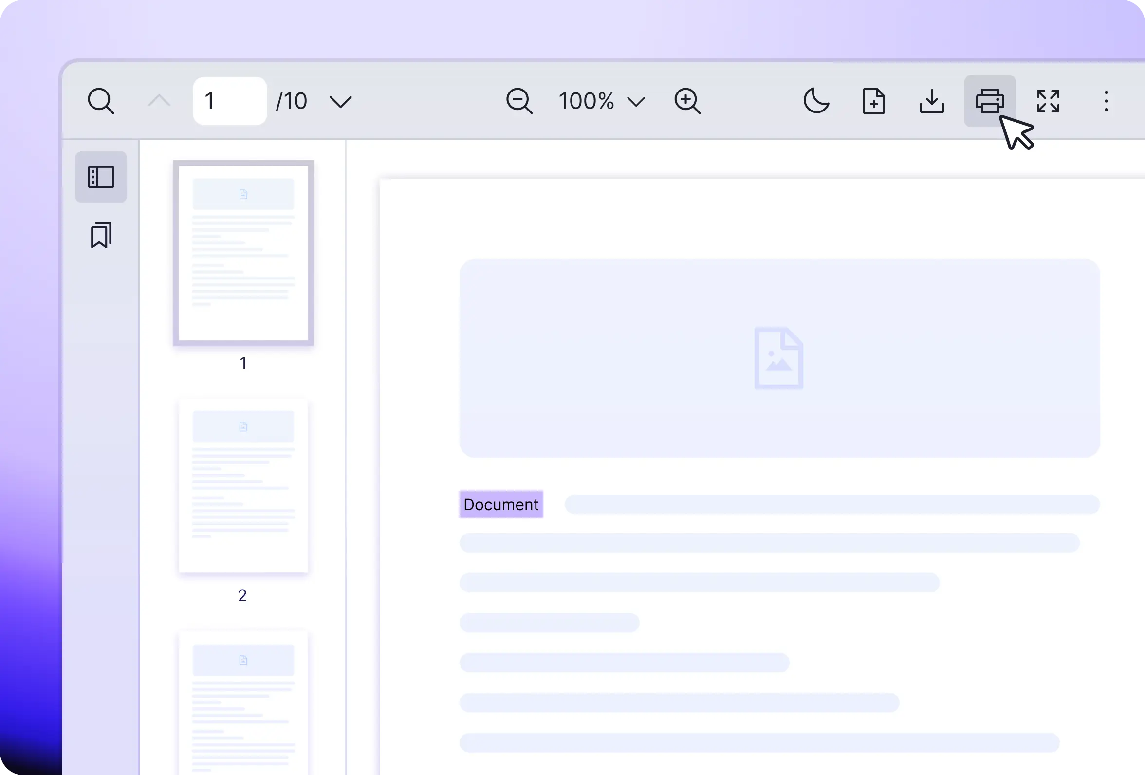 Vue PDF Viewer default toolbar with print, download, open file, and document property tools for Vue 3 apps