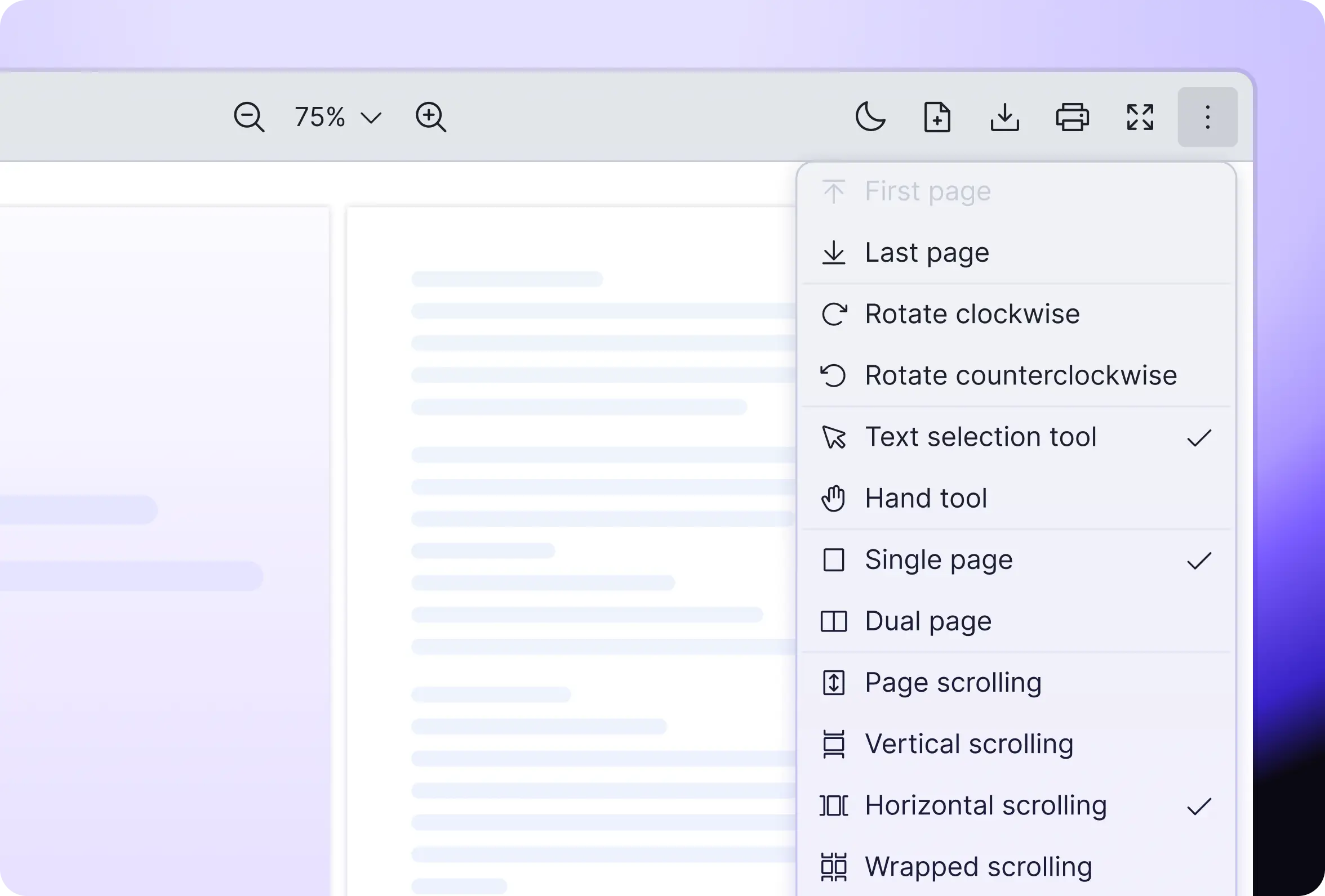 Vue PDF Viewer interactive tools including rotate, text or hand mode, full screen, and four scrolling modes