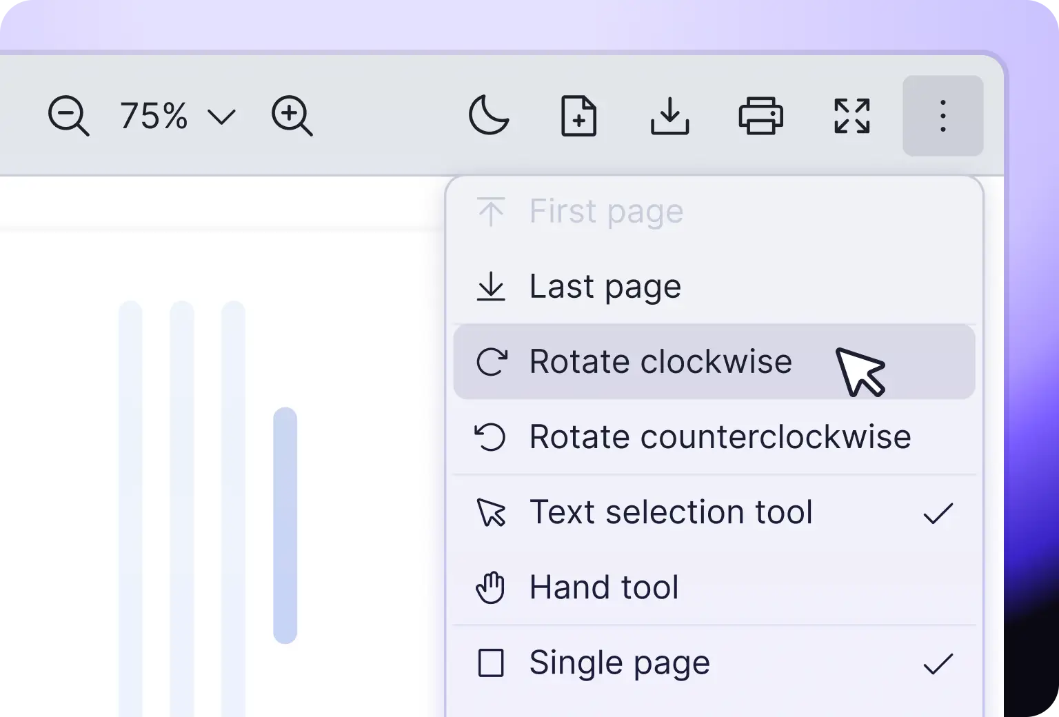 Vue PDF Viewer rotate tool turning a PDF document clockwise or counterclockwise for optimal page orientation