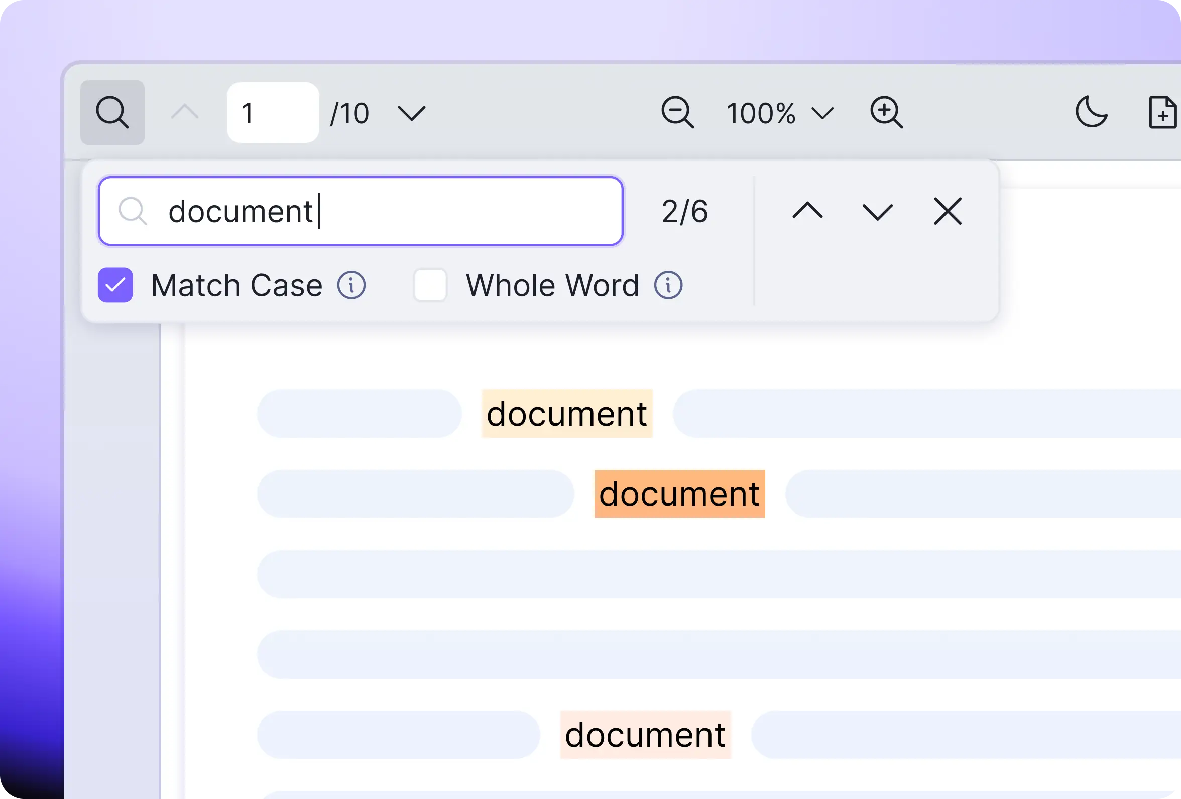 Vue PDF Viewer search panel showing match case, whole word, and keyword highlight options inside a PDF document
